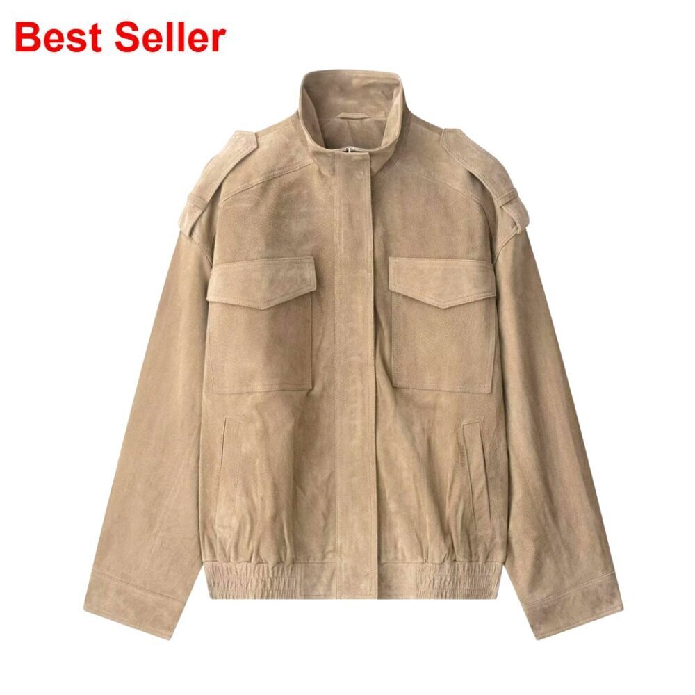 Faux Suede Leather Jacket Vintage High Collar Zip Up Oversized Coat